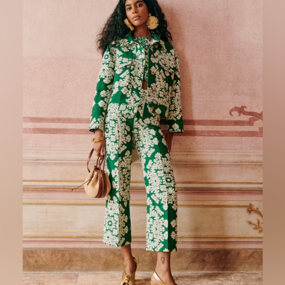 NWT Sezane Editions green jacquard Droit pants, size 4